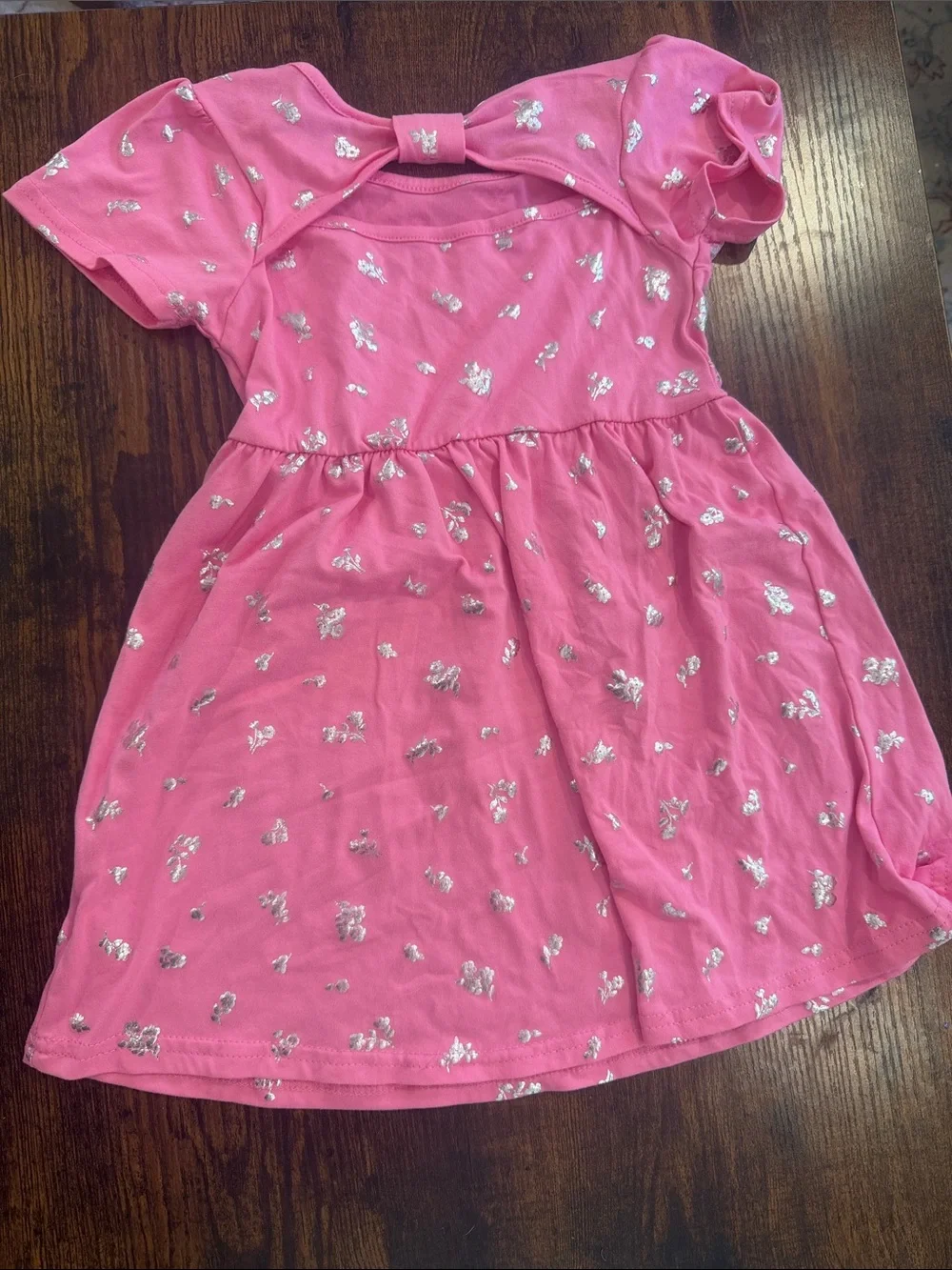 Girls' Pink Short-Sleeve Dress with Silver Foil Floral